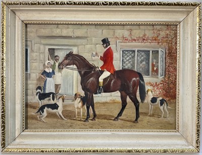 Lot 175 - English School, oil on canvas, Huntsman and Hounds outside an Inn, 17 x 24cm, framed.
