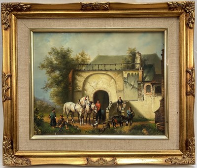 Lot 179 - Dutch style, oil on board, Horses and Figures in a Stable Yard,19 x 24cm, framed