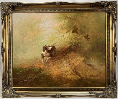 Lot 5213 - Martin Kingsman, oil on canvas, Pointer putting up Partridges, signed, 39 x 49cm, framed.