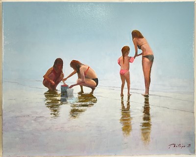 Lot 169 - Peter Z. Phillips, oil on canvas, Mothers and Children on the Beach, signed and dated 25, 41 x 51cm, unframed.