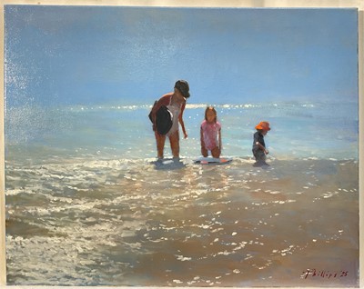 Lot 180 - Peter Z. Phillips, oil on canvas, Mothers and Two Children, Paddling in the Sea, signed and dated 25, 41 x 51cm, unframed.