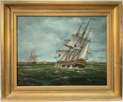 Lot 174 - English School late 19th century, oil on panel, Man-Omar in a stiff breeze, 21 x 37cm, in gilt frame.
