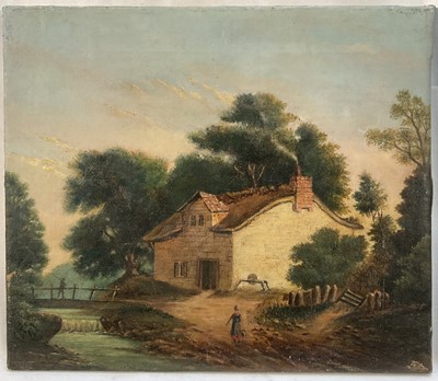 Lot 171 - English School 19th century, oil on canvas, Cottage by a Stream, 27 x 32cm
