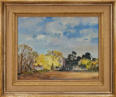 Lot 1151 - John Burman (b.1936) oil on board - 'Church through the Trees, Freston', signed, titled verso, 35cm x 45cm, framed