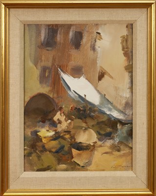 Lot 1200 - *Peter Burman (b.1941) oil on board - A Fish Stall, Venice, signed, 39cm x 29cm, in glazed gilt frame