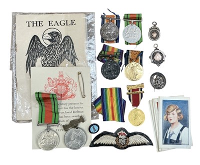 Lot 703 - Group of First World War and later militaria comprising War and Victory medals named to 174773 SPR. G. F. Stevens R.E., War medal named to 940493 DVR. F. J. Shaw. R.A., Silver War badge