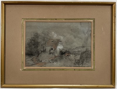 Lot 256 - Henry Bright (1814-1873) crayon and chalks - Mill in a Landscape, 13cm x 18cm, in glazed gilt frame.