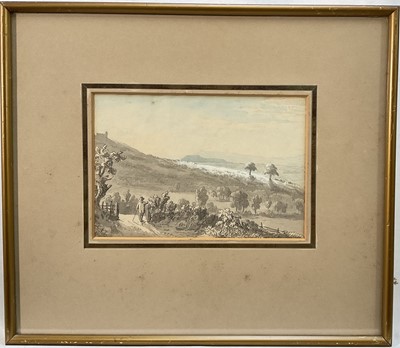 Lot 154 - Anthony Devis (1729-1817) watercolour and ink, Landscape with figures, signed with initials and dated 1797, 13 x 19.5cm, in glazed frame.Provenance: Maas Gallery 1965