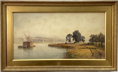 Lot 117 - T. Hampson Jones (1846-1916) watercolour - A Calm Evening on the Medway, signed and dated (18)'83, 36cm x 72cm, glazed gilt frame