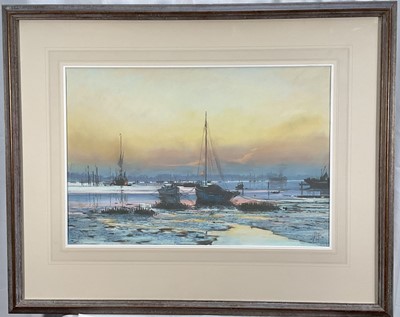 Lot 1174 - *Margaret Glass (b.1950) pastel study, Moored boats at sunset, signed and dated '87, 37cm x 55cm, glazed frame
