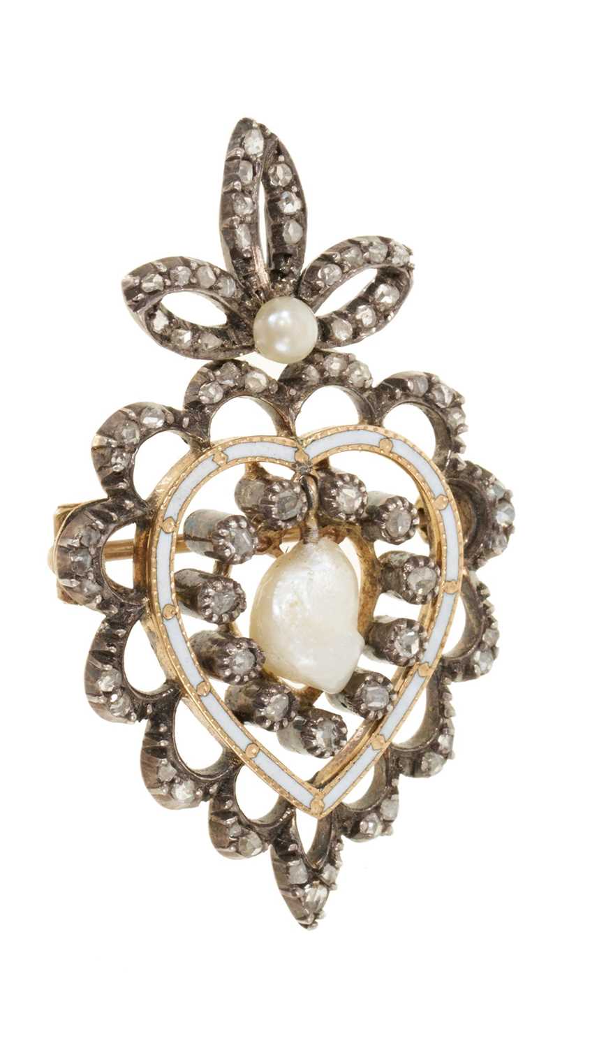 Lot 445 - Edwardian diamond pearl and enamel heart brooch