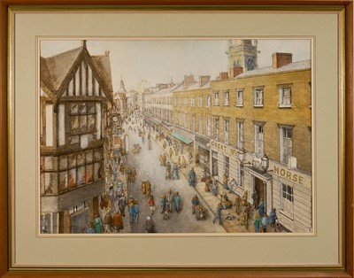 Lot 1121 - C. G. G. Dixey (20th century) watercolour - The Great White Horse and Tavern Street, Ipswich 1980, inscribed and titled to Haste Gallery label verso, 53 x 74cm, glazed frame