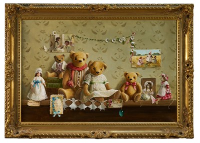 Lot 1067 - *Deborah Jones (1921-2012) oil on canvas - Still Life Bears on a Shelf, signed, 51cm x 76cm, in gilt frame
