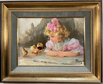 Lot 11 - Russian School, second half 20th century, oil on board - Little Girl and her Chicks, indistinctly signed, inscribed verso, 23cm x 32cm, in gilt frame