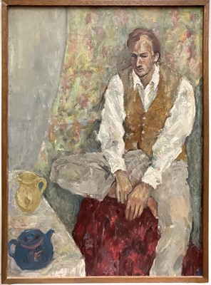 Lot 131 - K. Rhodes, second half 20th century, oil on canvas - Portrait of a Seated Man, signed verso, 91cm x 66cm, framed