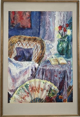 Lot 53 - English School, late 20th century, watercolour - Still Life with Cane Chair, 71cm x 51cm, in glazed frame