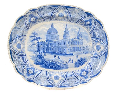 Lot 83 - Large early 19th century blue and white platter printed with a view of St. Paul's Cathedral, 54cm wide