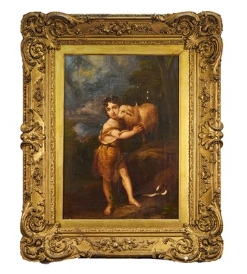 Lot 1158 - After Murillo, 19th century, oil on canvas - St John with the Lamb of God, inscribed verso, 66cm x 44cm, in gilt frame