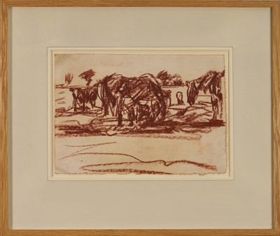 Lot 1071 - Harry Becker (1865-1928) red chalk, Horses and Cattle Feeding, 19 x 28cm, glazed frame