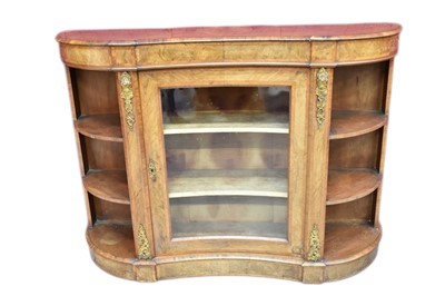 Lot 1444 - 19th century walnut credenza with kingwood banding, concave centre door flanked by open shelves