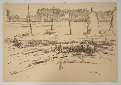 Lot 1029 - Harry Becker (1865-1928) lithograph, Bean Sheafs and Sheep, 1908 - 'The end of the bean harvest, (Holland)' hand signed in pencil and dated '08), inscribed as titled lower left, 39 x 56cm