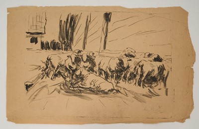 Lot 1031 - Harry Becker (1865-1928) lithograph, Sheep Beside Barns II, 1908, hand signed in pencil and dated '08, sheet size approximately 32 x 51cm