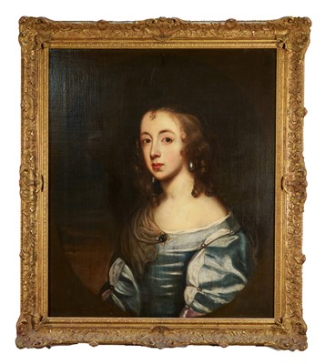 Lot 1051 - Follower of Sir Anthony Van Dyck (1599-1641) oil on canvas, Portrait of a young lady, head and shoulders, wearing a blue satin dress embellished with pearls, in a feigned oval, 73cm by 62cm.