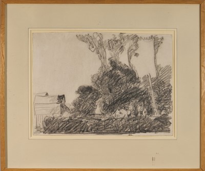 Lot 1051 - Harry Becker (1865-1928) graphite, Figures Working in a Field Beside Farm Buildings, 28 x 38cm, glazed frame