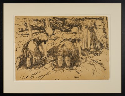 Lot 1019 - Harry Becker (1865-1928) lithograph, Three Women in Clogs Gathering Potatoes, 1908, 39 x 56cm, glazed frame