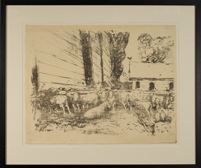Lot 1030 - Harry Becker (1865-1928) lithograph, Sheep Beside Barns I, 1908, 44 x 58cm, glazed frame