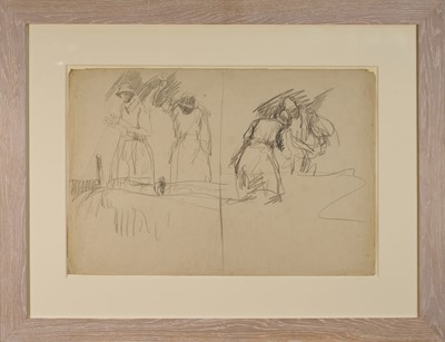 Lot 1045 - Harry Becker (1865-1928) graphite, Women at a Market, wearing Land Army uniforms, 38 x 56cm, glazed frame