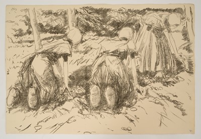 Lot 1020 - Harry Becker (1865-1928) lithograph, Three Women in Clogs Gathering Potatoes, 1908, 39 x 57cm