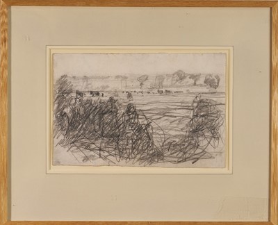 Lot 1063 - Harry Becker (1865-1928) graphite, Hedge and Figures, Plough Team in the Distance, 18 x 28cm, glazed frame