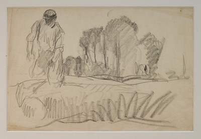 Lot 1048 - Harry Becker (1865-1928) graphite, Farm Worker in a Field, 35 x 55cm, mounted but unframed