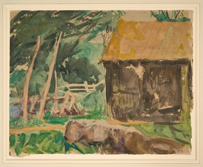 Lot 1080 - Harry Becker (1865-1928) watercolour, Farm Buildings Near Wenhaston, Suffolk, circa 1920, 25 x 32cm, mounted but unframed