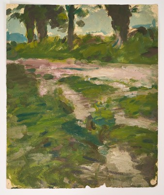 Lot 1094 - Harry Becker (1865-1928) oil on paper, Wet Path in Spring, inscribed as titled verso, 39 x 32cm