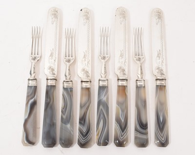 Lot 823 - Two pairs of Victorian silver plated knives and forks, with polished agate handles (8)