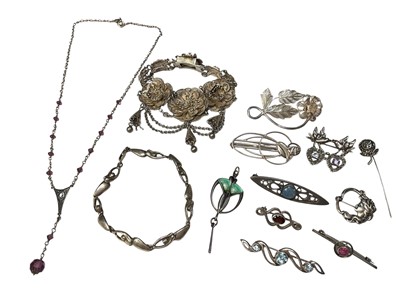 Lot 13 - Art Nouveau style silver jewellery to include an enamelled pendant, various brooches, marcasite rose stick pin, together with a white metal filigree floral bracelet and brooch