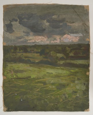 Lot 1092 - Harry Becker (1865-1928) unstretched oil on canvas, landscape 'Stormy Sky', inscribed as titled verso, 49 x 39cm