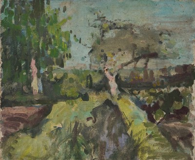 Lot 1093 - Harry Becker (1865-1928) oil on canvas board, Landscape with Tree Line