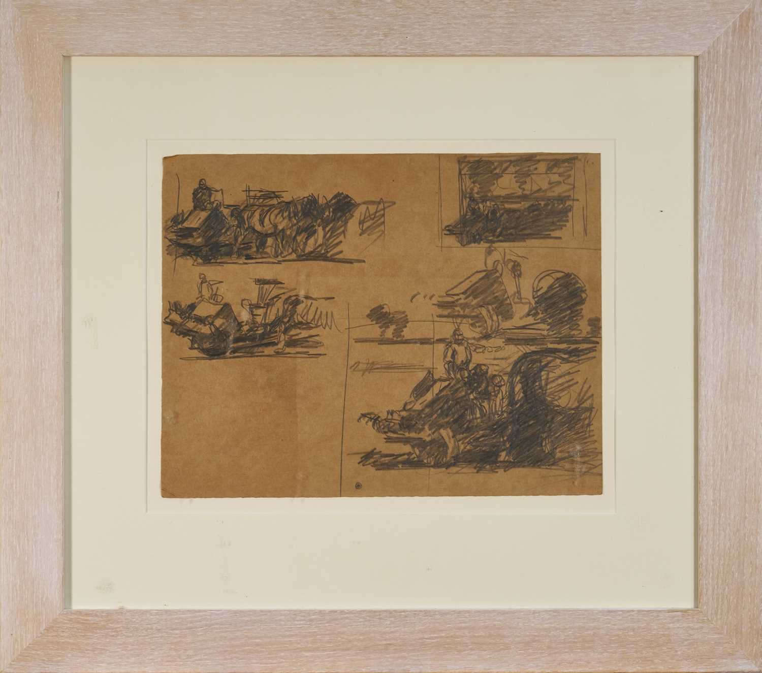 Lot 1065 - Harry Becker (1865-1928) graphite on brown paper, Sketches of a Reaper and Binder at Work, 28 x 37cm, glazed frame