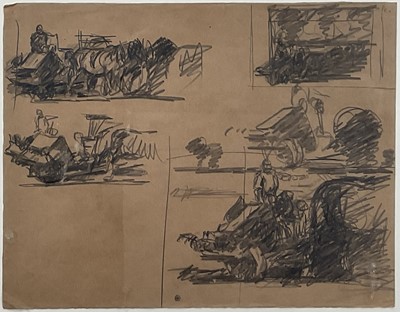 Lot 1065 - Harry Becker (1865-1928) graphite on brown paper, Sketches of a Reaper and Binder at Work, 28 x 37cm, glazed frame
