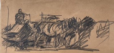 Lot 1065 - Harry Becker (1865-1928) graphite on brown paper, Sketches of a Reaper and Binder at Work, 28 x 37cm, glazed frame