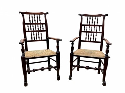 Lot 1411 - Near set of eight late 18th /early 19th century Lancashire rush seated spindle back chairs</spa...