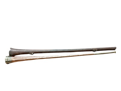 Lot 932 - 19th century copper and nickel coaching horn, in leather case, 110cm long