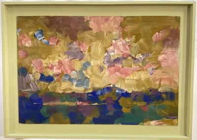 Lot 23 - Bob Crossley (1912-2010) oil on board, Violet Abstract ‘85, titled and dated verso, 44cm x 65cm, framed