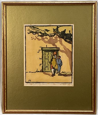 Lot 114 - Morgan ,colour linocut print, The Green Door Agra City, indistinctly signed, dated 1929, edition number 15/50, 27cm x21cm, in glazed frame.