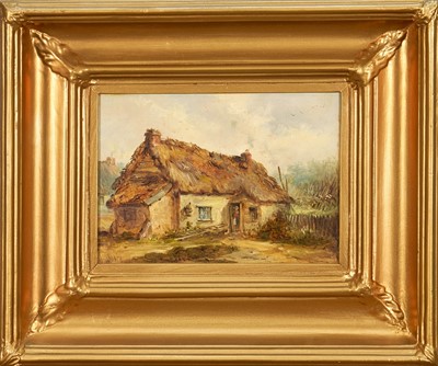 Lot 1360 - John Moore of Ipswich (1820-1902) oil on board - Thatched Cottage, signed, 12cm x 17cm, in gilt frame