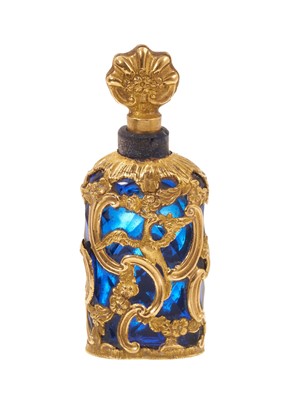 Lot 848 - George III blue facet cut glass scent bottle, with chased gold mounts and stopper