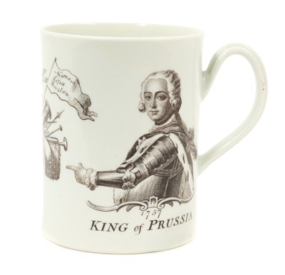 Lot 101 - Worcester mug, printed by Robert Hancock with the King of Prussia and dated 1757